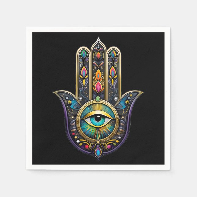 Colorful Black Gold Hamsa w/ Turquoise Third Eye Serviette (Vorderseite)