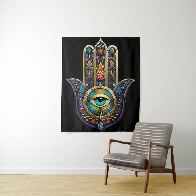 Colorful Black Gold Hamsa w/ Turquoise Third Eye Wandteppich (Beispiel)