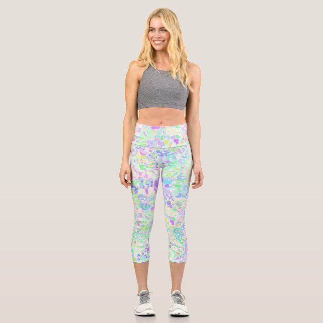 Colorful Boho Pastel Groovy Hippie Blob Mosaik Capri Leggings (Vorderseite)