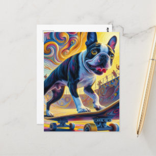Colorful Boston Terrier Skateboarding Postkarte