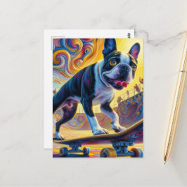 Colorful Boston Terrier Skateboarding Postkarte