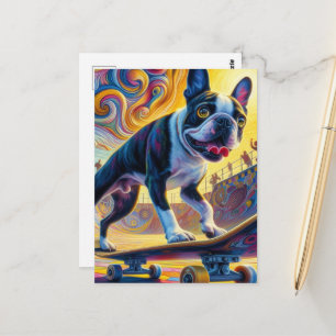 Colorful Boston Terrier Skateboarding Postkarte