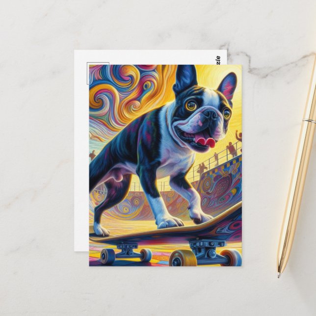 Colorful Boston Terrier Skateboarding Postkarte (Vorderseite/Rückseite Beispiel)