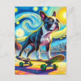 Colorful Boston Terrier Skateboarding Van Gogh Postkarte