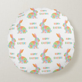 Colorful Bunnies Pattern With Happy Easter Text Rundes Kissen