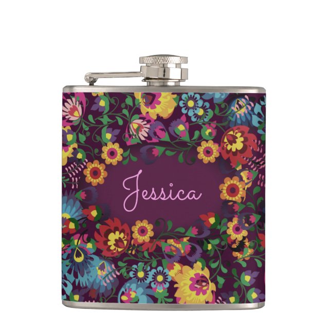 Colorful Busy Floral Pattern Purple Personalised Flachmann (Vorderseite)