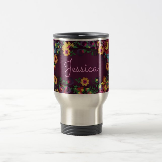 Colorful Busy Floral Pattern Purple Personalised Reisebecher (Mittel)