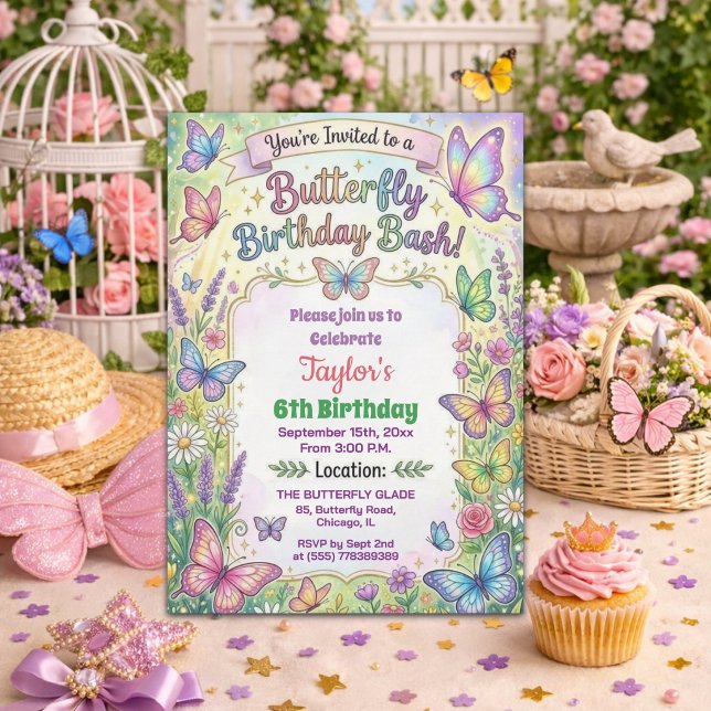 Colorful Butterflies 6th Birthday Bash Invitation Einladung (Von Creator hochgeladen)