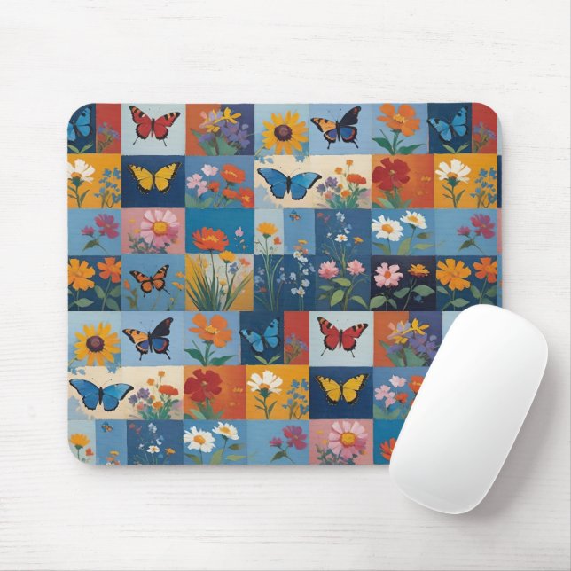 Colorful Butterflies And Wildflowers Patchwork Mousepad (Mit Mouse)