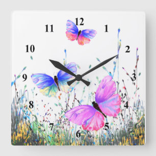 Colorful Butterflies Flying in Nature - Spring Joy Quadratische Wanduhr