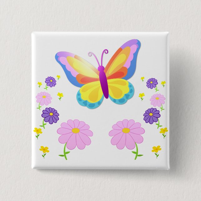 Colorful Butterfly and Flowers Button Badge (Vorderseite)