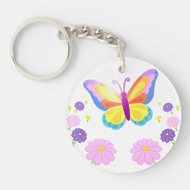 Colorful Butterfly and Flowers Round Keychain Schlüsselanhänger (Vorderseite)