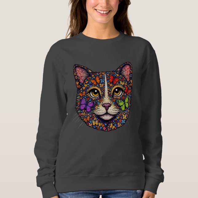 Colorful Butterfly Blooms Cat Portrait Kitty Lover Sweatshirt (Vorderseite)