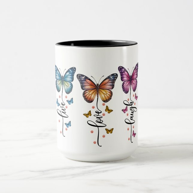 Colorful Butterfly Trio with Live Love Laugh Quote Tasse (Zentrum)