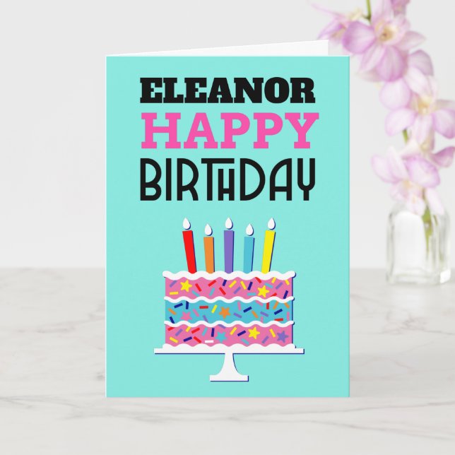 Colorful Cake Candles Name Happy Birthday Card Karte (Orchidee)