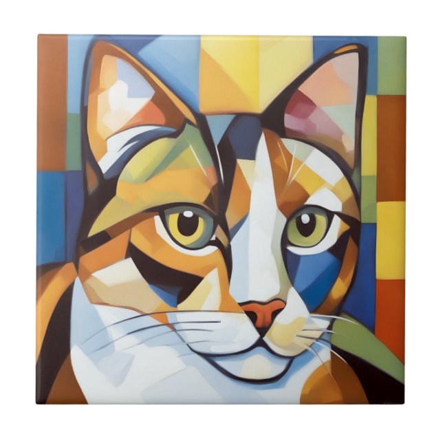 Colorful Calico Cubist Cat Fliese (Vorderseite)