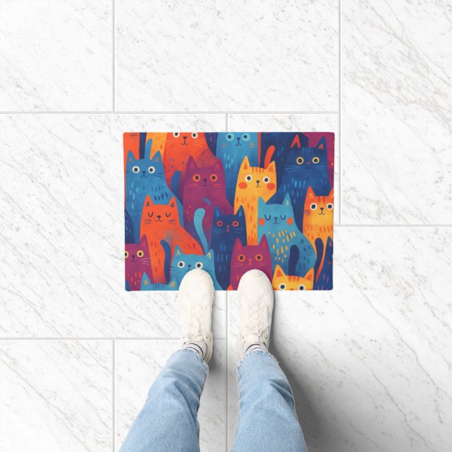 Colorful Cartoon Cat Pattern | Cute Whimsical Cat  Fußmatte (Indoor)