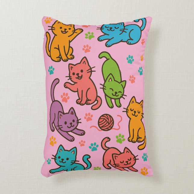 Colorful Cartoon Cat Pattern Throw Pillow – Pink  Dekokissen (Vorderseite(Vertikal))