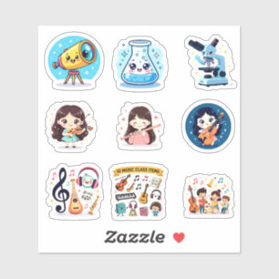 Colorful Cartoon Grid of Children in Music and Sci Aufkleber
