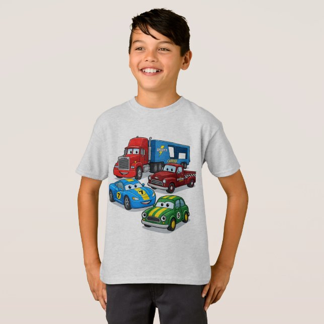 Colorful Cartoon Trucks and Cars Boys' T-Shirt (Vorne ganz)