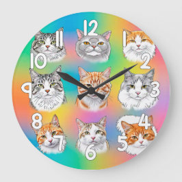 Colorful Cat Faces Wall Clock Fun Pet Decor Große Wanduhr