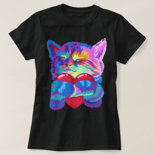 Colorful Cat Hugging Heart Art T-Shirt (Design vorne)