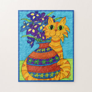 Colorful Cat Irises Blume Vase Cartoon Folk Art Puzzle