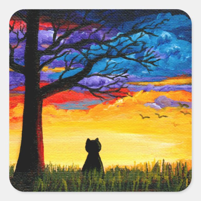 Colorful Cat Oak Tree Landscape Creationarts Quadratischer Aufkleber (Vorderseite)
