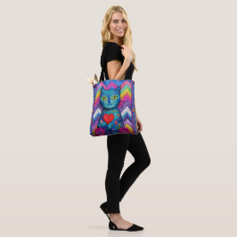 Colorful Cat Tote Bag with Floral and Heart Design