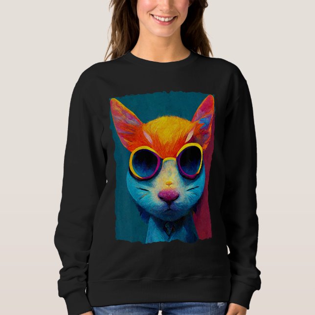 Colorful Cat With Glasses Sweatshirt (Vorderseite)