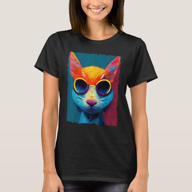 Colorful Cat With Glasses T-Shirt (Vorderseite)
