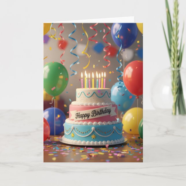 Colorful Celebration Cake & Balloons Birthday Card Karte (Vorderseite)