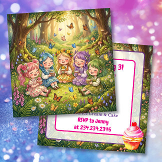 Colorful Chibi Girls with Cupcakes Birthday Party Einladung