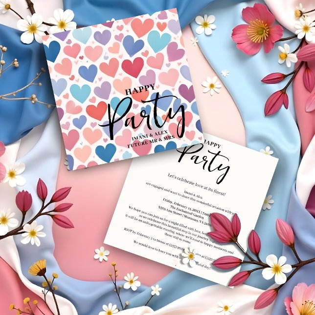 Colorful Chic Charming Scattered Hearts Engagement Einladung (Colorful Chic & Charming Scattered Hearts Engagement Party Invitations Cards.)