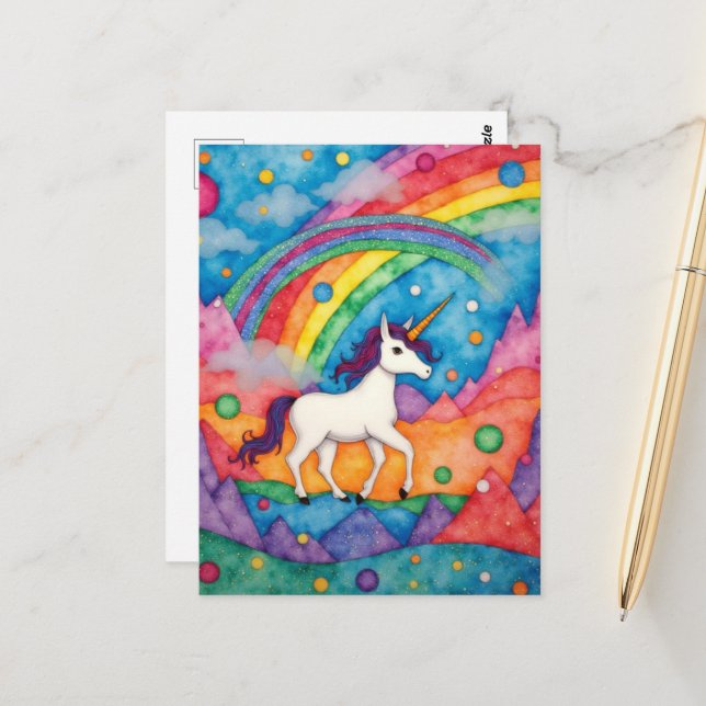 Colorful Childlike Fantasy Unicorn Postkarte (Vorderseite/Rückseite Beispiel)