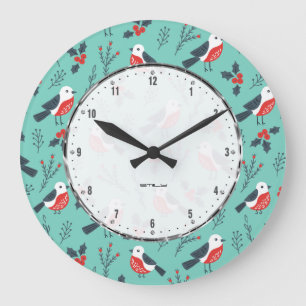 Colorful Christmas Pattern With Cute Birds Große Wanduhr