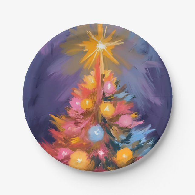 Colorful Christmas Tree Lights Watercolor Pappteller (Vorderseite)