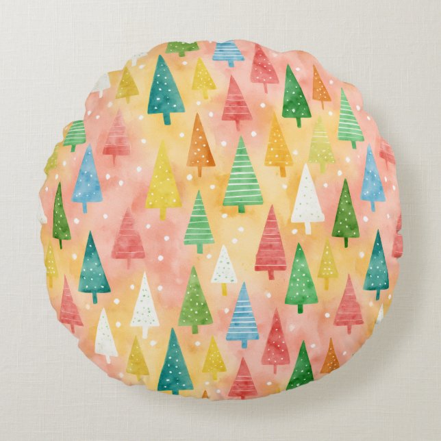 Colorful Christmas Trees – Festive Rainbow Holiday Rundes Kissen (Vorderseite)
