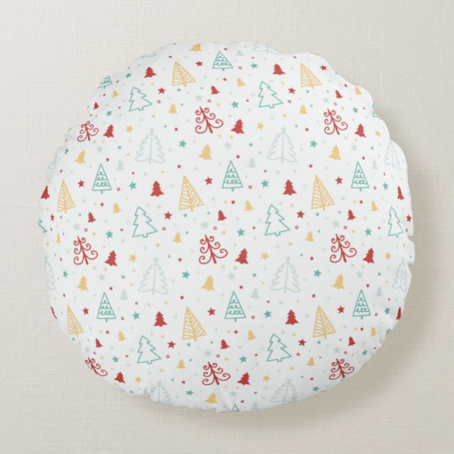Colorful Christmas Trees & Stars Pillow  Rundes Kissen (Vorderseite)