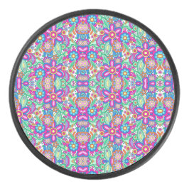 Colorful circular floral pattern with symmetrical  eishockey puck