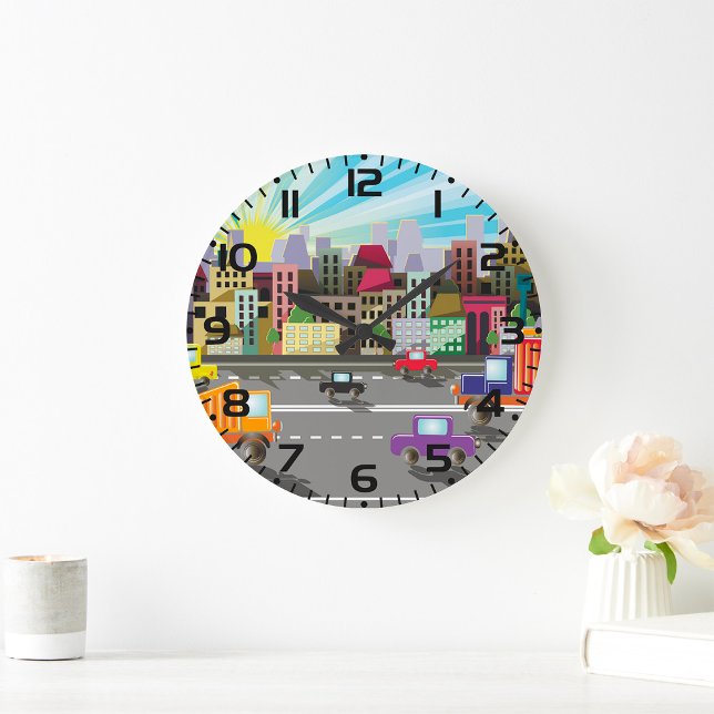 Colorful City Traffic Vibrant Urban Sunrise Große Wanduhr (Von Creator hochgeladen)