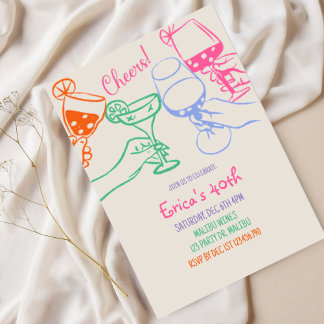 Colorful Cocktail Line Art Birthday Invitation |  Einladung