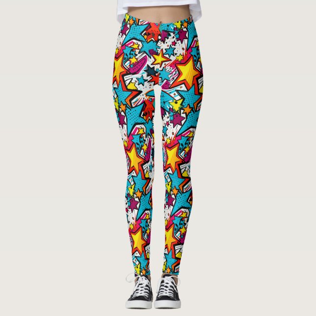 Colorful Comic Book Style Stars Patterned Yoga Leggings (Vorderseite)