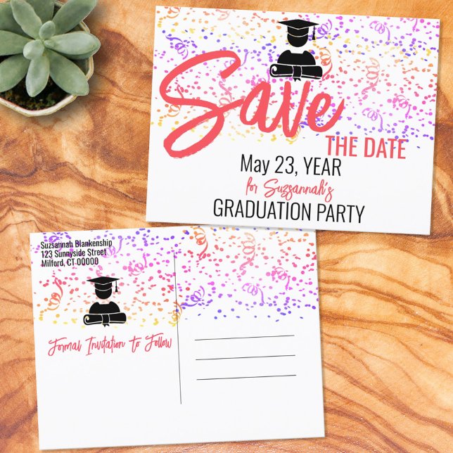 Colorful Confetti Graduation Party Save the Date Ankündigungspostkarte (Von Creator hochgeladen)