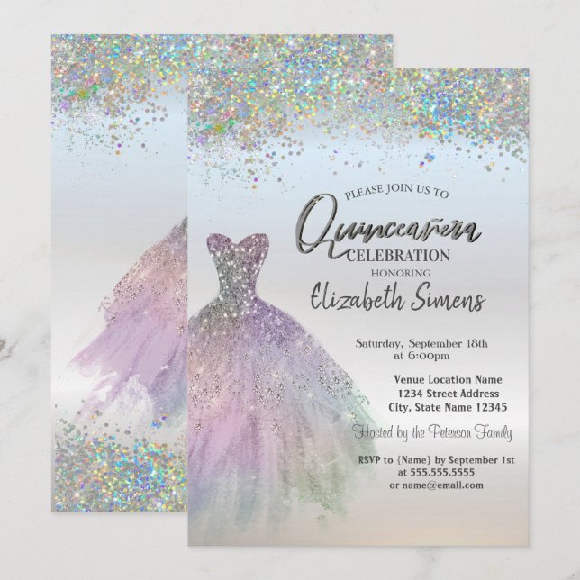 Colorful Confetti Kleid Quinceañera Einladung (Vorne/Hinten)