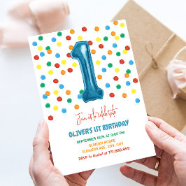 Colorful Confetti One Balloon 1. Geburtstag Junge Einladung