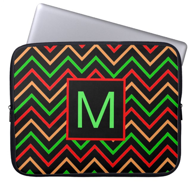 Colorful Cool Chevron on Black Monogram Laptopschutzhülle (Vorderseite)