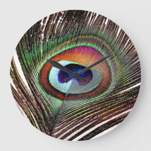 Colorful Copper Peacock Feather Große Wanduhr