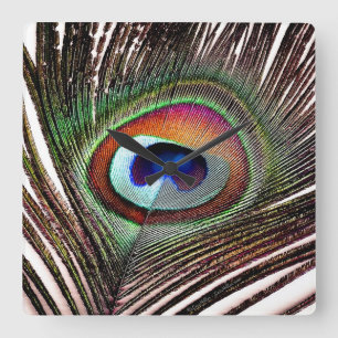 Colorful Copper Peacock Feather Quadratische Wanduhr