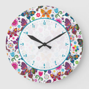 Colorful Cute Retro Flowers & Butterflies Pattern Große Wanduhr